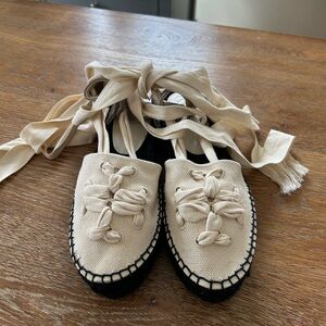 Tory Burch Canvas Lace-Up Espadrille Flats Cream & Black